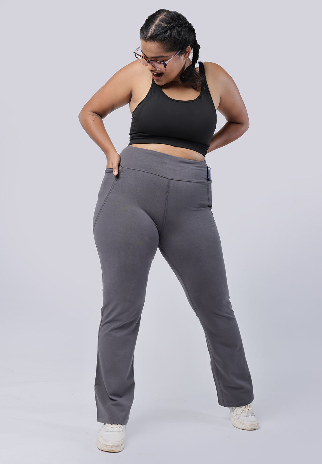 High Waisted Cotton Flare Pants with Pockets for Women